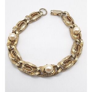 Vintage Ornate Gold Tone Cultured Pearl Noveau 7" Link Swirl Retro Bracelet